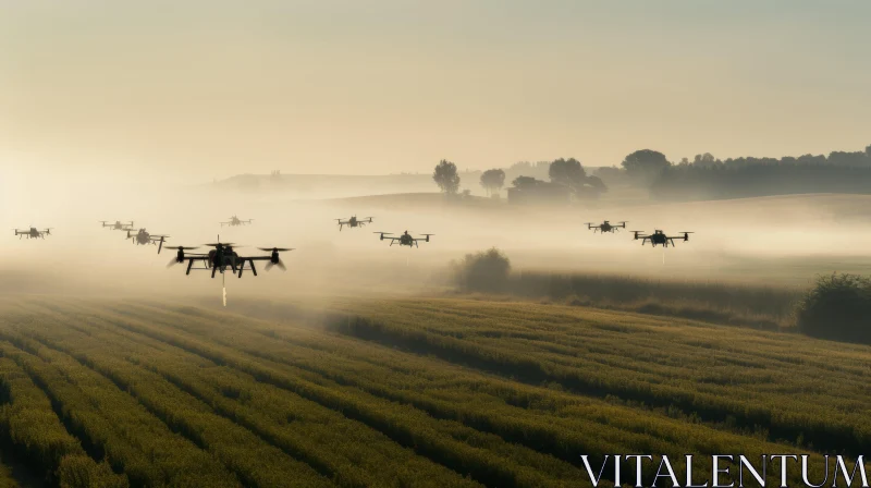 Foggy Field with Drones: A Rustic Futuristic Blend AI Image