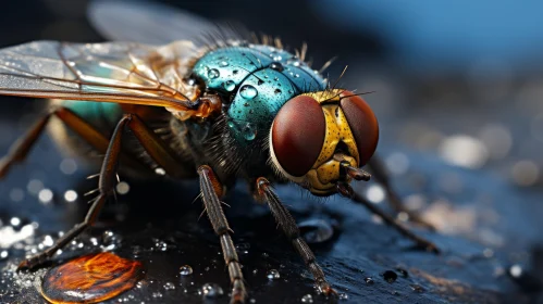 Intricate Fly Portrait on Water Droplets