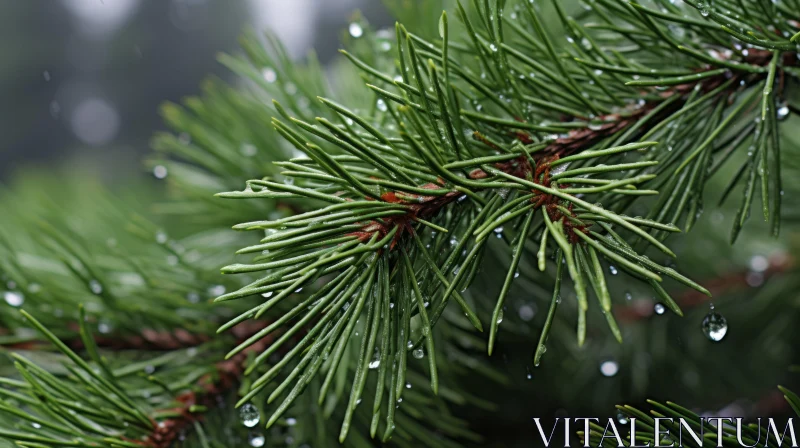 AI ART Norwegian Nature - Raindrops on Pine Branch