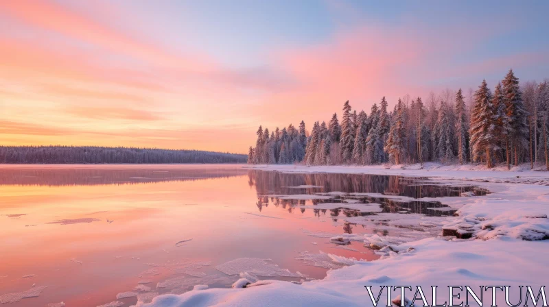 Picturesque Sunrise over Snowy Lake Landscape AI Image