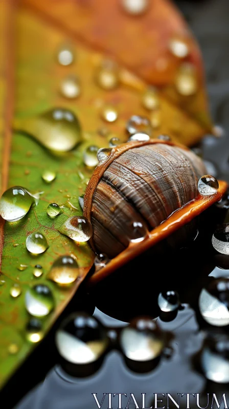 Raindrop Adorned Snail on Leaf: A Glimpse into Nature's Wonders AI Image