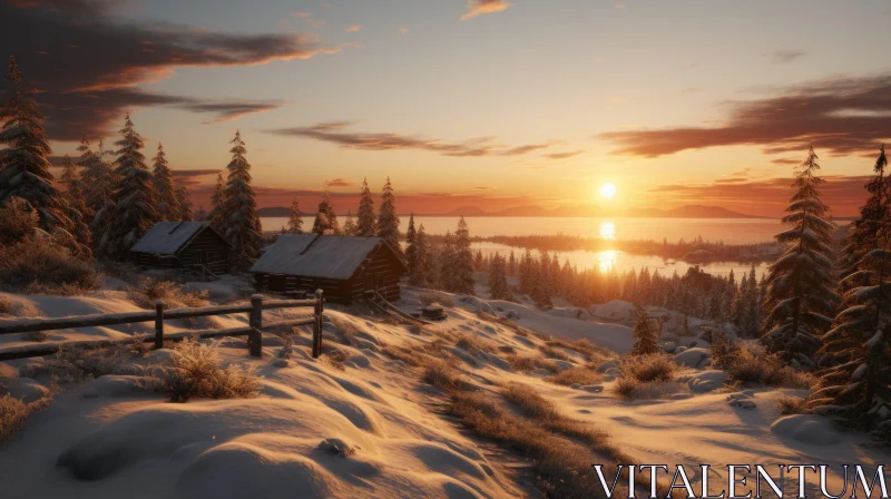 Tranquil Sunset on Snowy Coastal Landscape AI Image