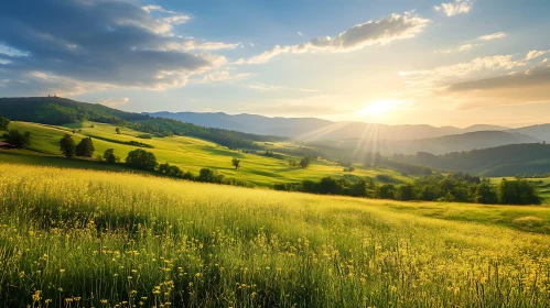 Golden Field Landscape with Distant Mountains