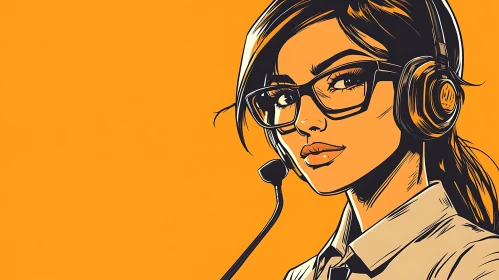 Woman in Headphones, Orange Background Art