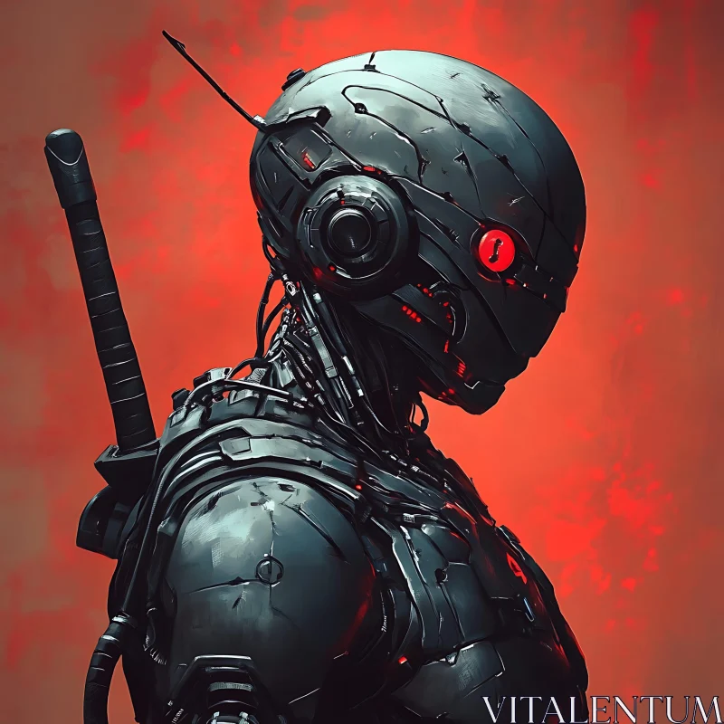 Armored Cyborg Warrior with Red Background AI Image