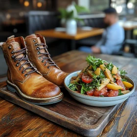 Rustic Dining Scene with Leather Boots and Salad