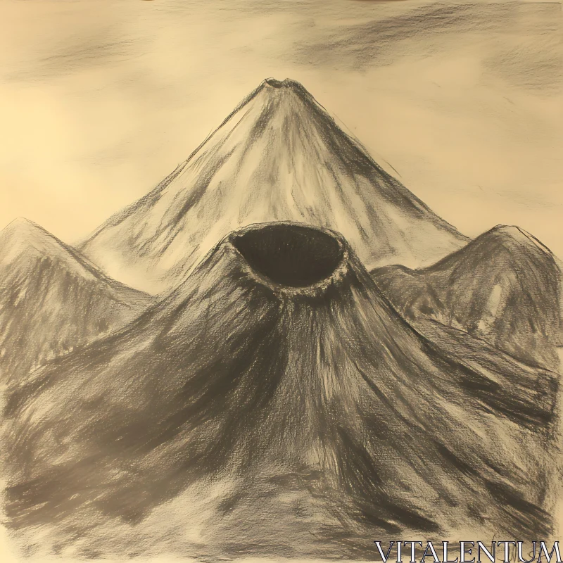 Charcoal Mountain Landscape with Crater AI Image