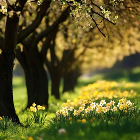 Sunlit Daffodils in a Spring Landscape