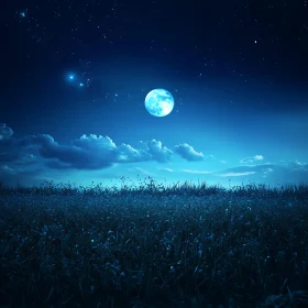 Nocturnal Field with Moon and Stars