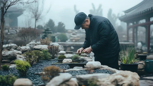 Gardener's Touch in Serene Garden