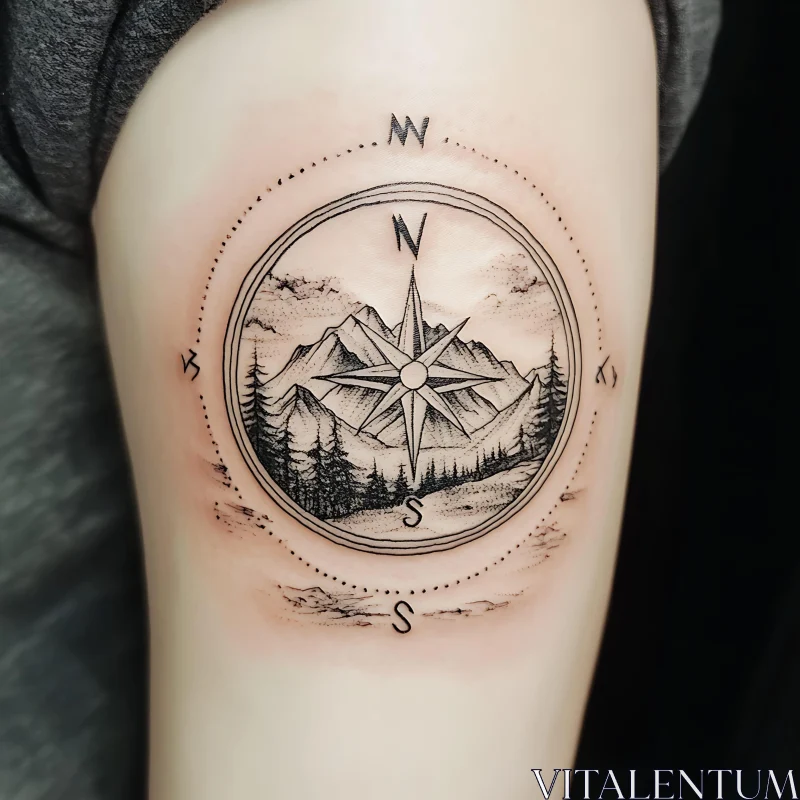 Mountainous Landscape Compass Tattoo AI Image