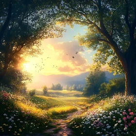 Sunlit Path Through a Flower Meadow