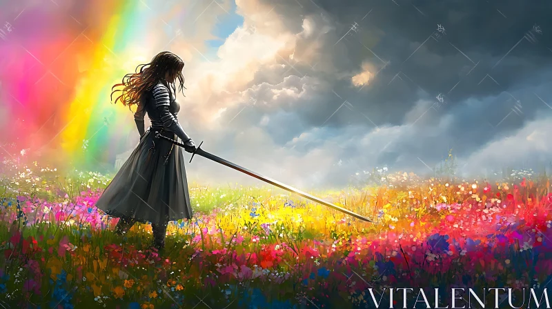 AI ART Female Knight with Sword in Meadow