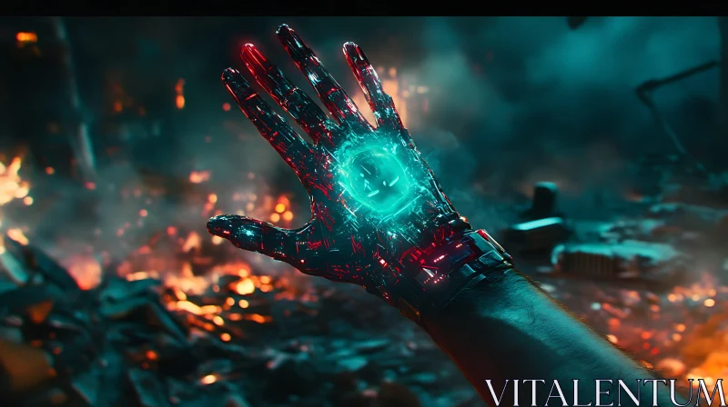 Futuristic Cyborg Hand Amidst Destruction AI Image