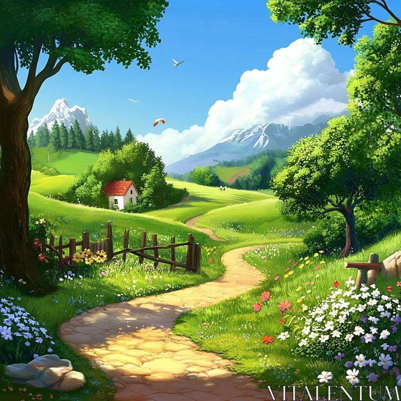 AI ART Idyllic Meadow Path Leading to Mountain View