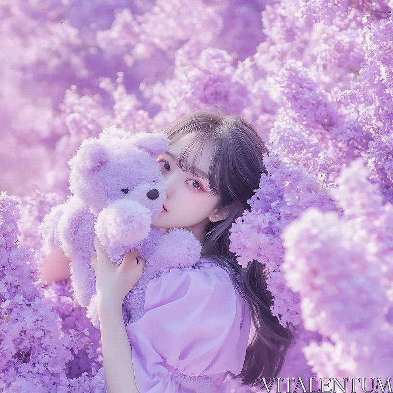 Girl with Teddy Bear in Lilac Garden AI Image