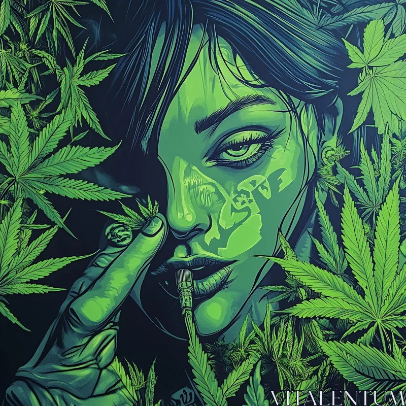 AI ART Enigmatic Green Portrait with Cannabis