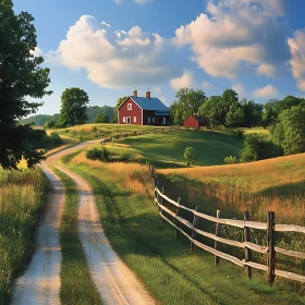 Rural Farmhouse Scene with Winding Road