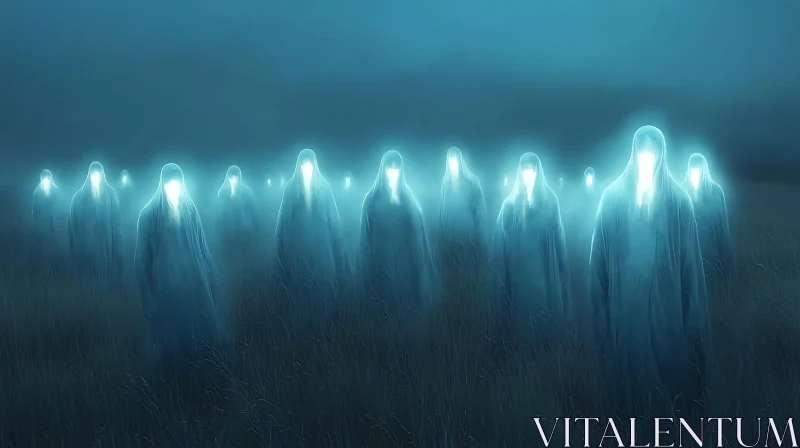 AI ART Glowing Figures in Misty Field