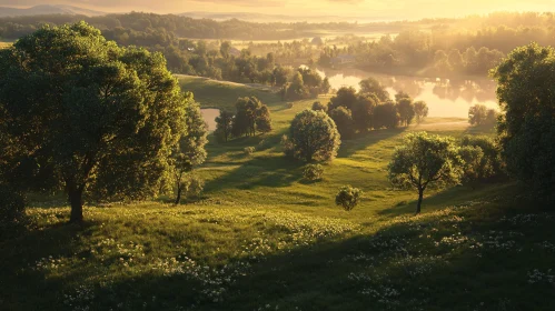 Sunlit Meadow and Lake Scenery