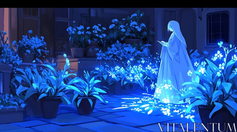 AI ART Glowing Flowers and Figure in Blue