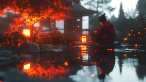 Lantern Light Meditation by Pond