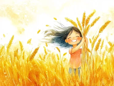 Golden Wheat Field with Smiling Girl