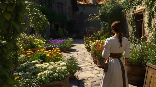 Woman Walking in a Flower Garden