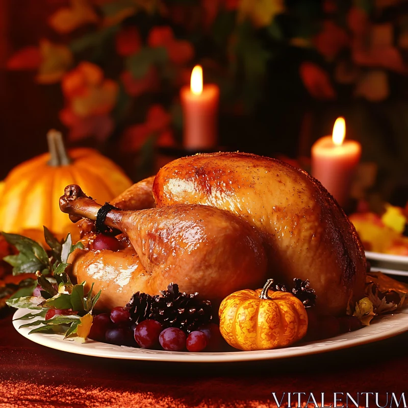 Roasted Turkey with Pumpkins and Candles AI Image