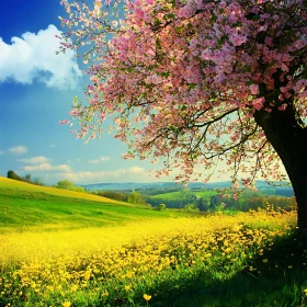 Pink Blossoms Overlooking Sunny Yellow Field