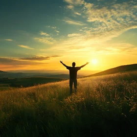 Silhouette in Field at Sunset