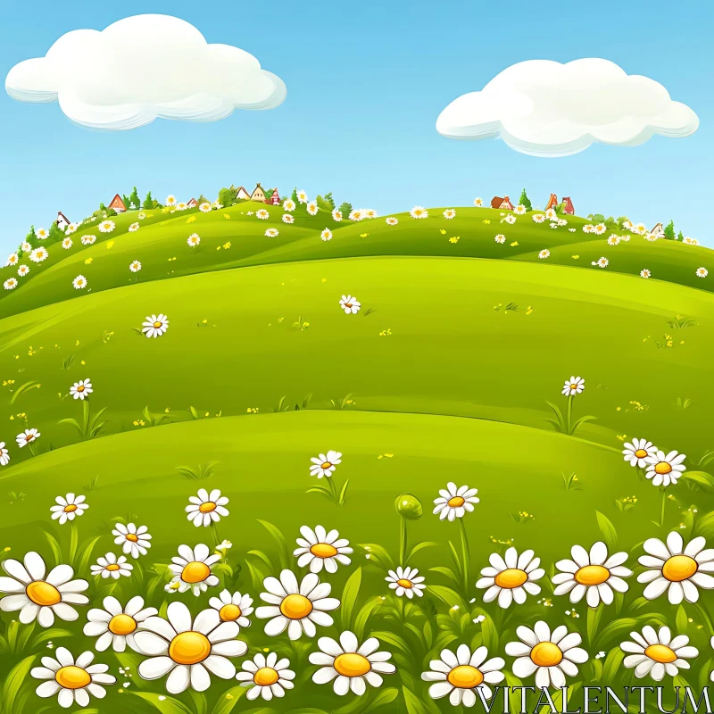 AI ART Cartoon Daisy Meadow Under Blue Sky