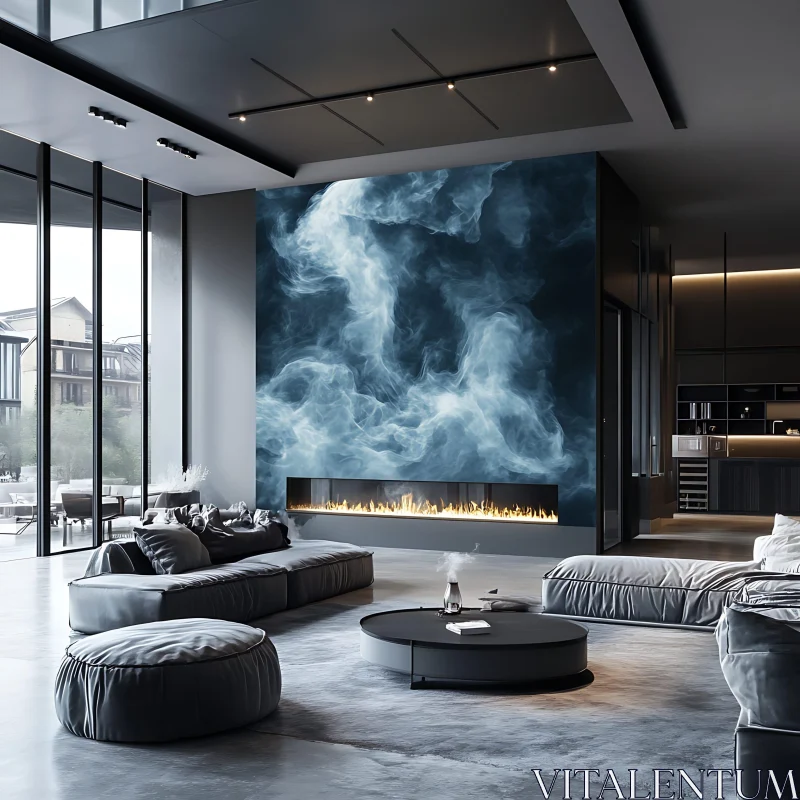 AI ART Modern Interior with Fireplace and Mural