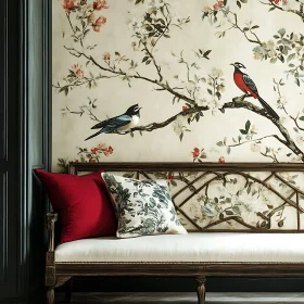 Vintage Sofa with Floral Wallpaper and Bird Art