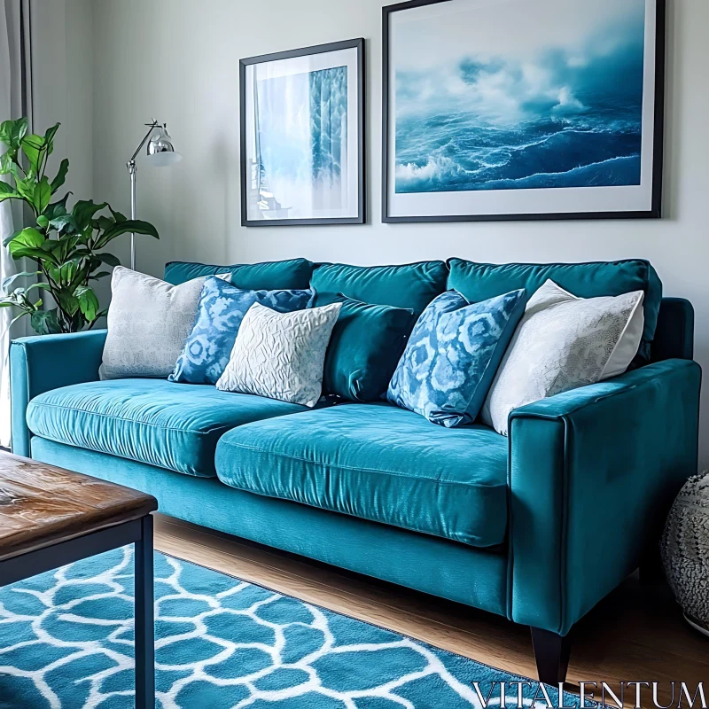 AI ART Stylish Teal Sofa with Blue Accents