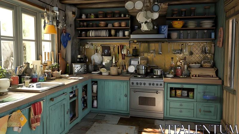 AI ART Vintage Kitchen with Turquoise Accents