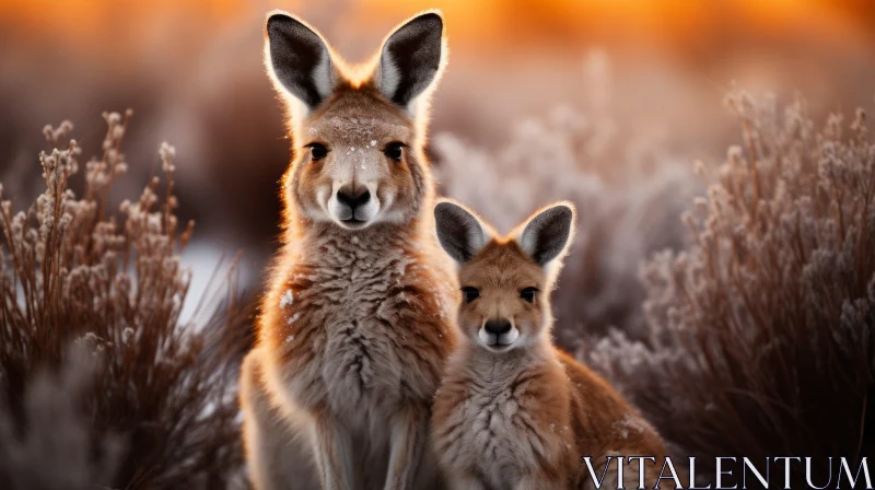 Australian Kangaroo Family at Sunrise: A Study in Crimson and Amber AI Image