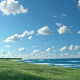 Coastal Green Field with Cloudscape