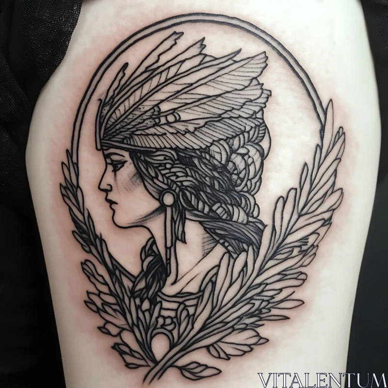 AI ART Intricate Woman Feather Headdress Tattoo