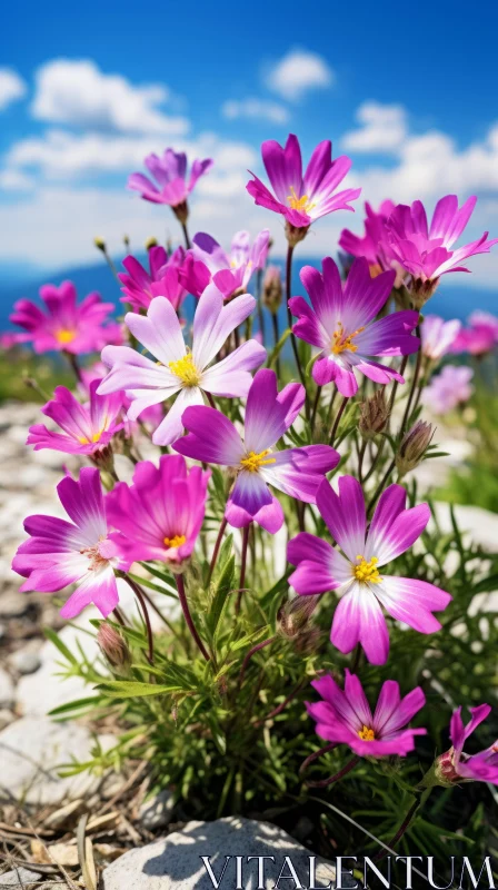 Captivating Blooming Flowers on Grass with Rock Background AI Image