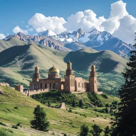 Scenic Mosque with Mountain Backdrop