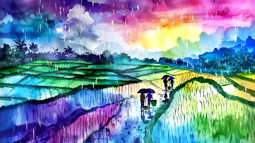 Watercolor Rainy Day Landscape