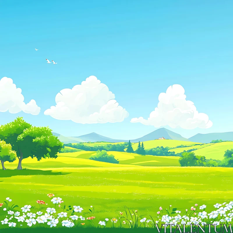 AI ART Cartoon Landscape with Flowers and Clouds