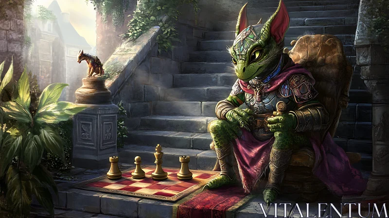 Dragon Strategist Contemplating Chess Move AI Image