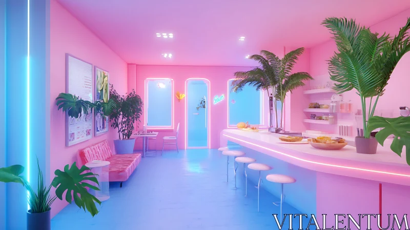 AI ART Neon Lit Pink Room with Plants