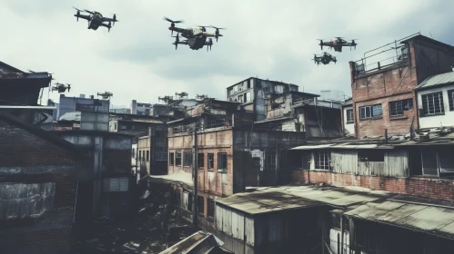 Industrial Cityscape with Drones: A Depiction of Controlled Chaos