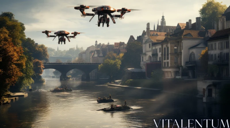 Sci-Fi Baroque Drones Over River - A New Fauves Inspiration AI Image
