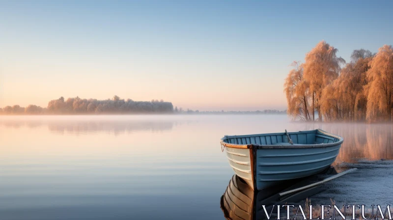 Sunrise over Frozen Lake with Boat: A Meditative Landscape AI Image