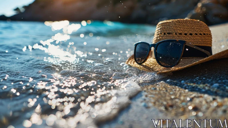 Tranquil Beach Scene with Straw Hat and Sunglasses AI Image
