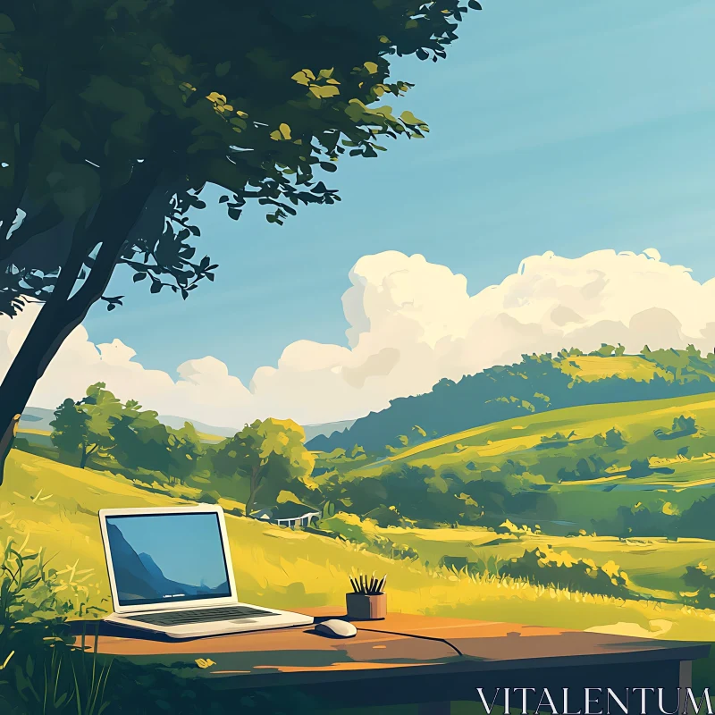 AI ART Laptop on Table with Landscape Background